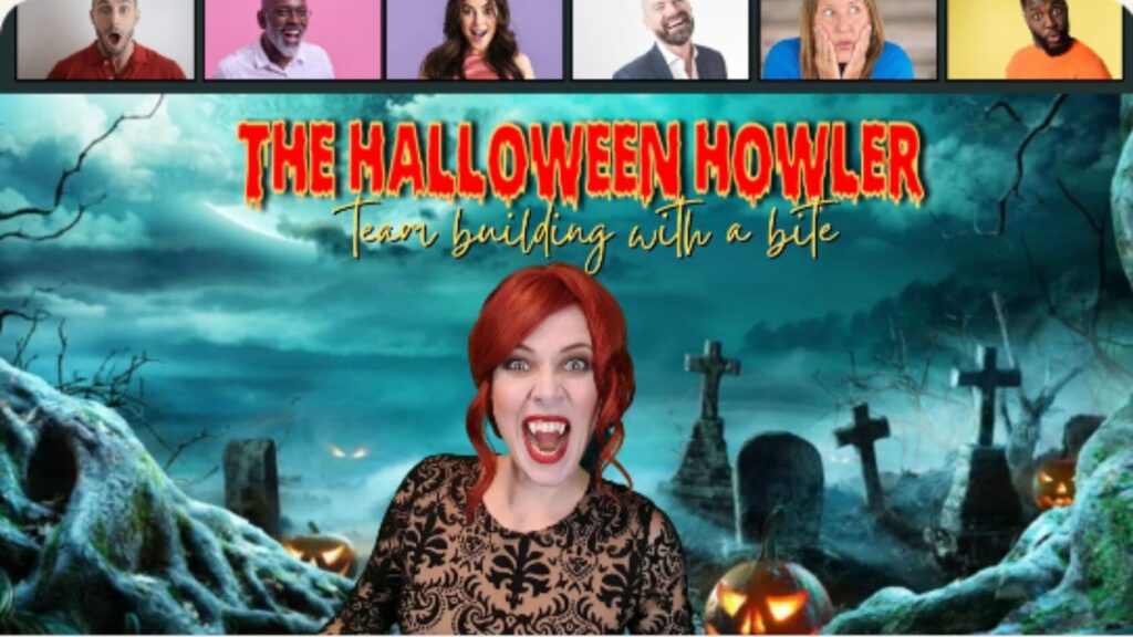 Virtual backdrop screen with people, and an event host dressed as a vampire